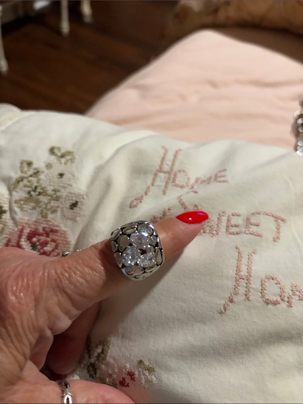 Chunky Silver Statement Ring with Clear Crystals - Red Accent